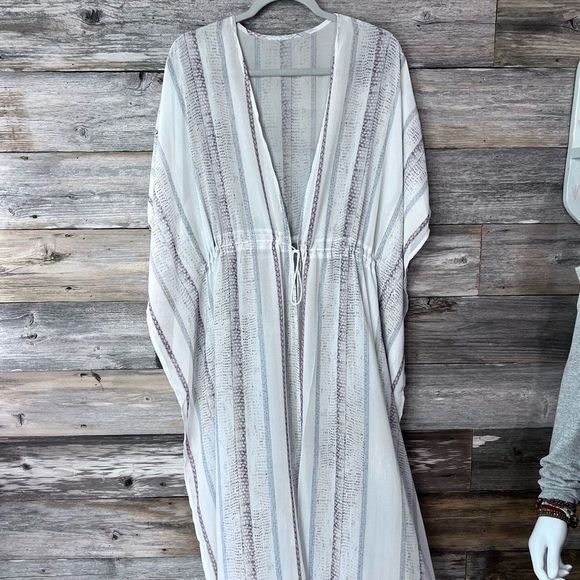 White Striped Print Drawstring Open Front Maxi Kimono💗 - Picture 1 of 16